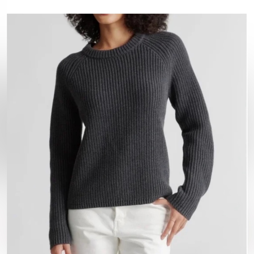 QUINCE Small Organic Cotton Gray Ribbed Fisherman Sweater